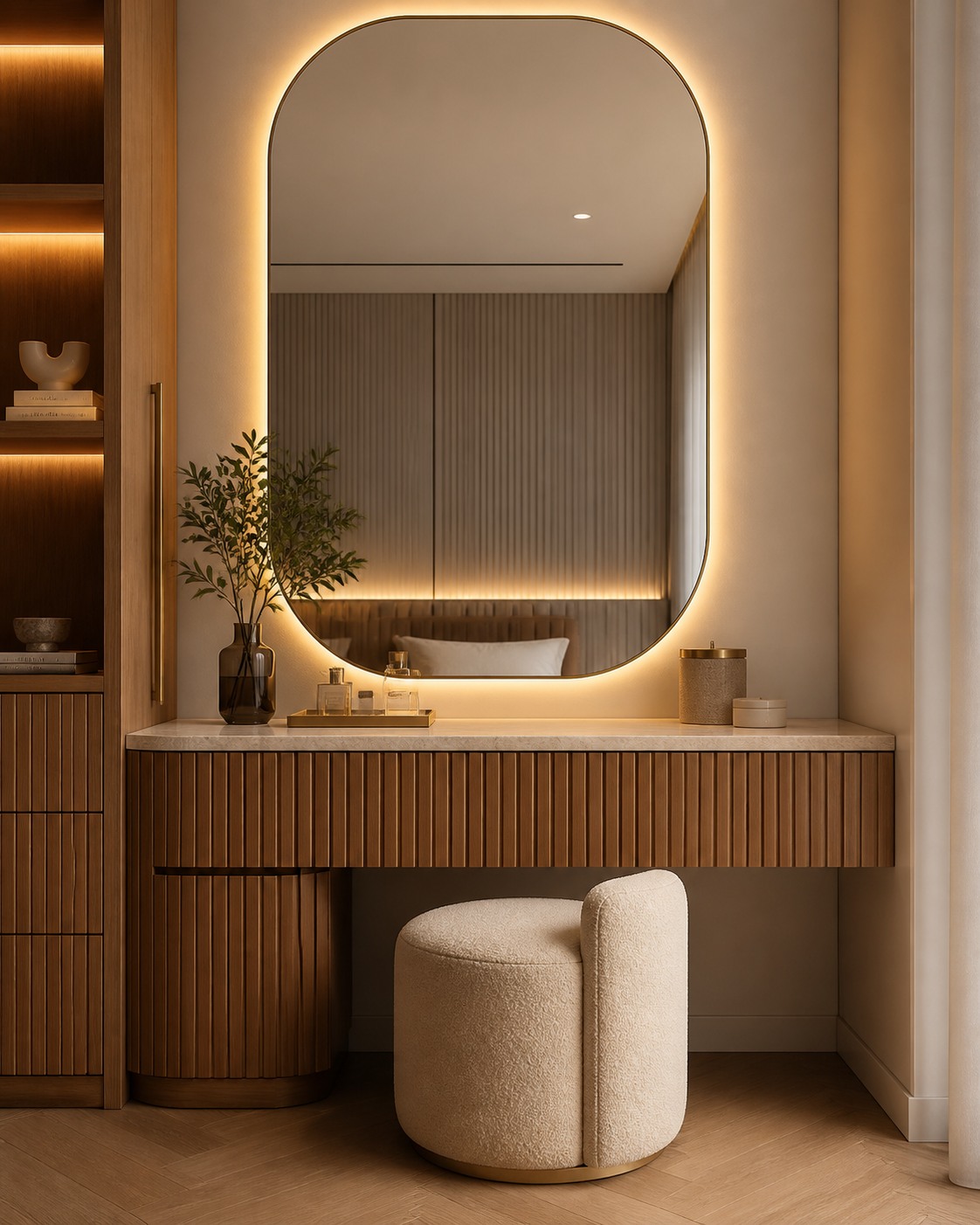 Fluted wood dressing vanity with an illuminated mirror