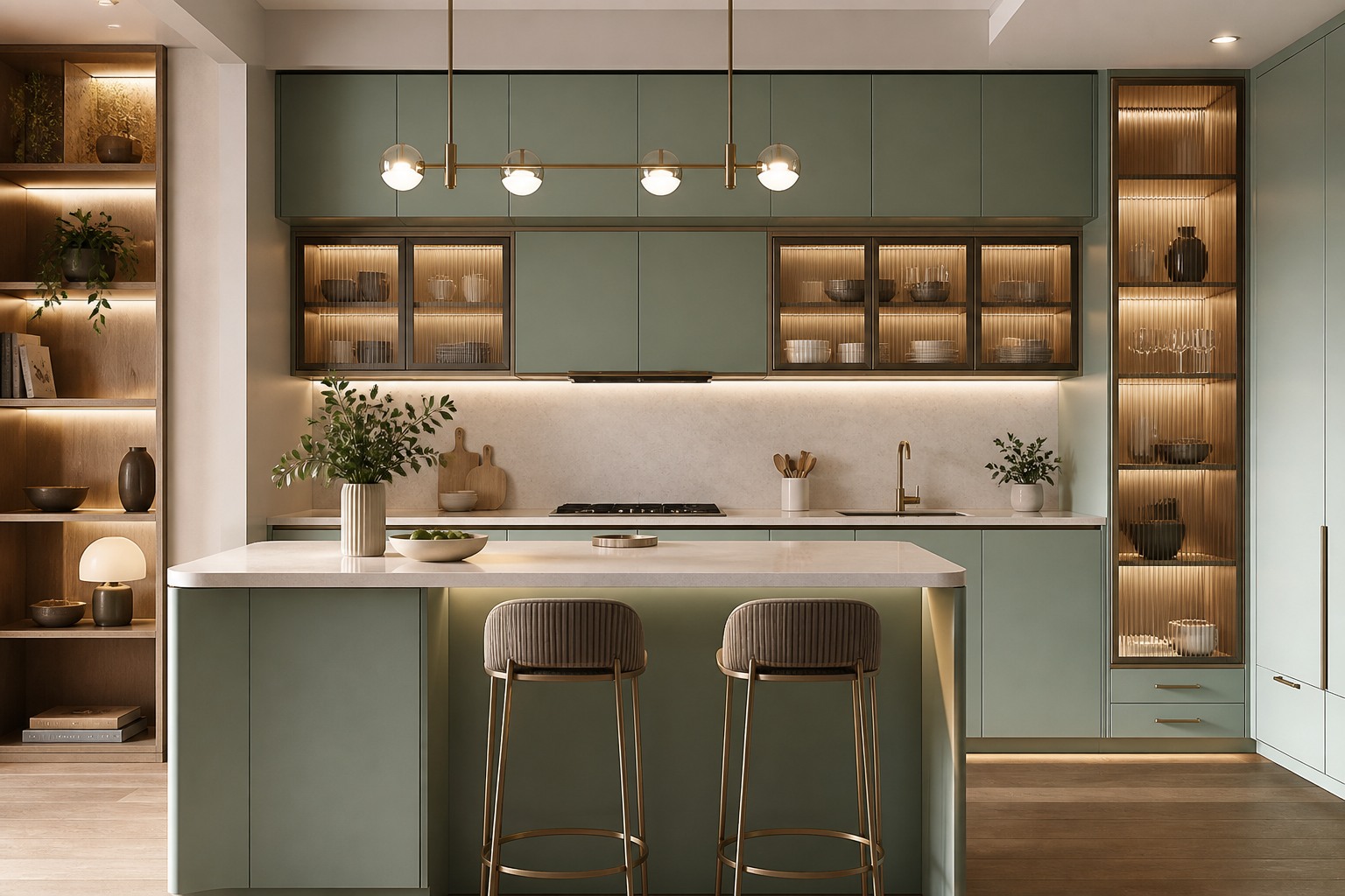 Mint green kitchen with illuminated display cabinets