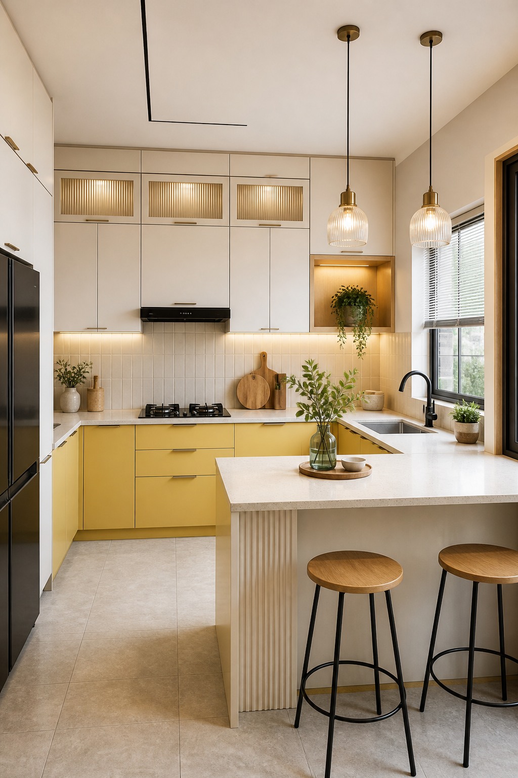 Yellow and white modular kitchen with an island