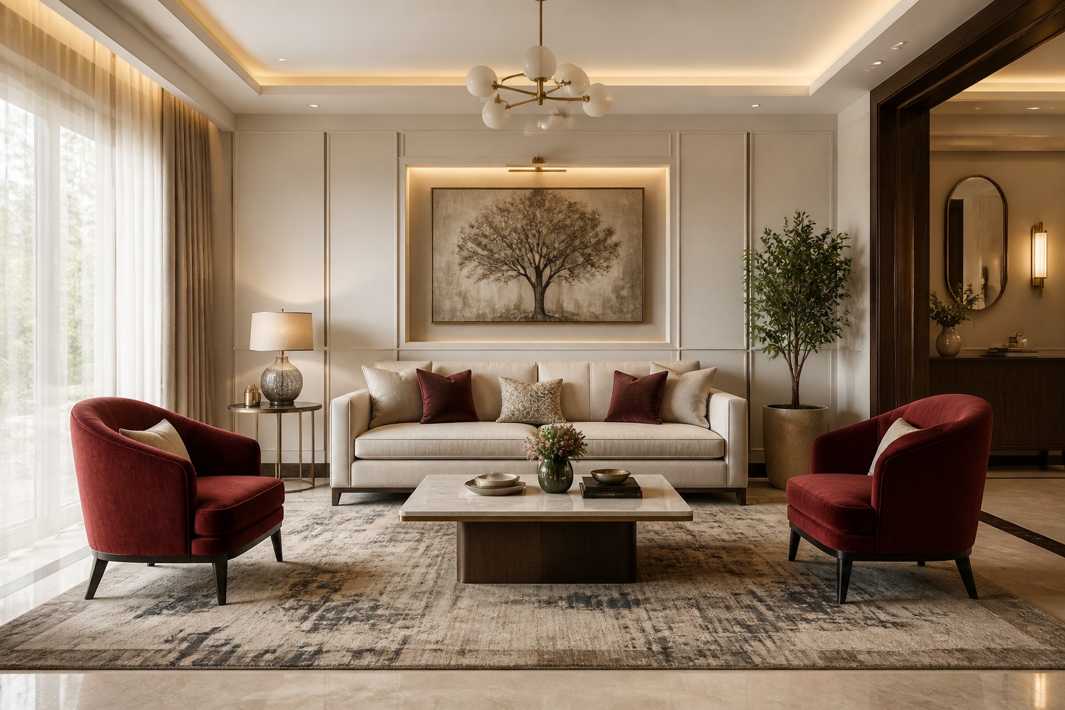 Living room with red accent chairs and a warm neutral sofa